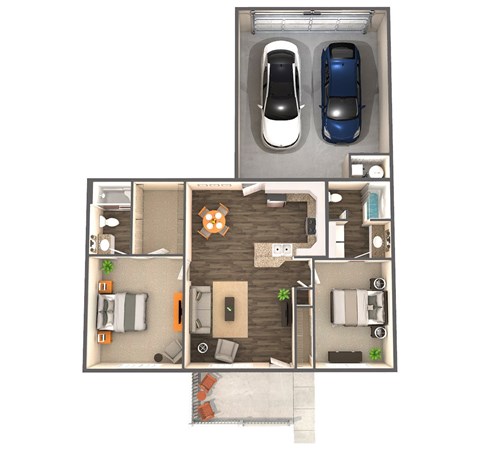 Floor plan for 2 beds, 2 baths, 1040 sqft